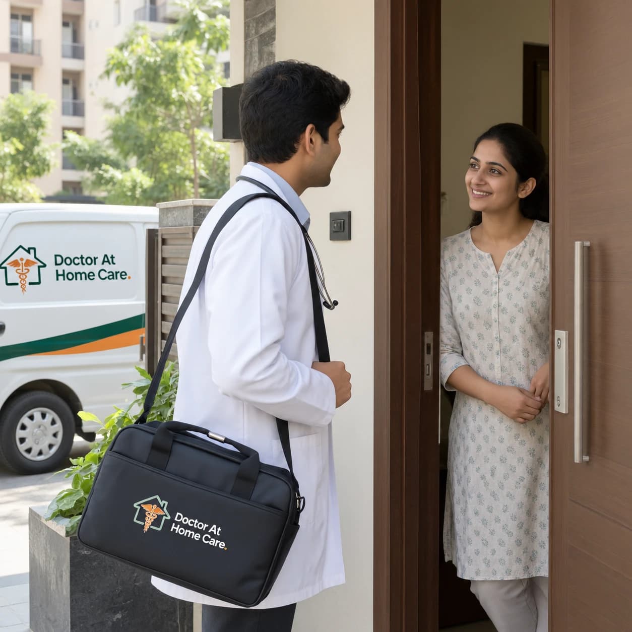 A Doctor At Home Care doctor arriving at a family's front door in Gurgaon, with the clinic van parked outside