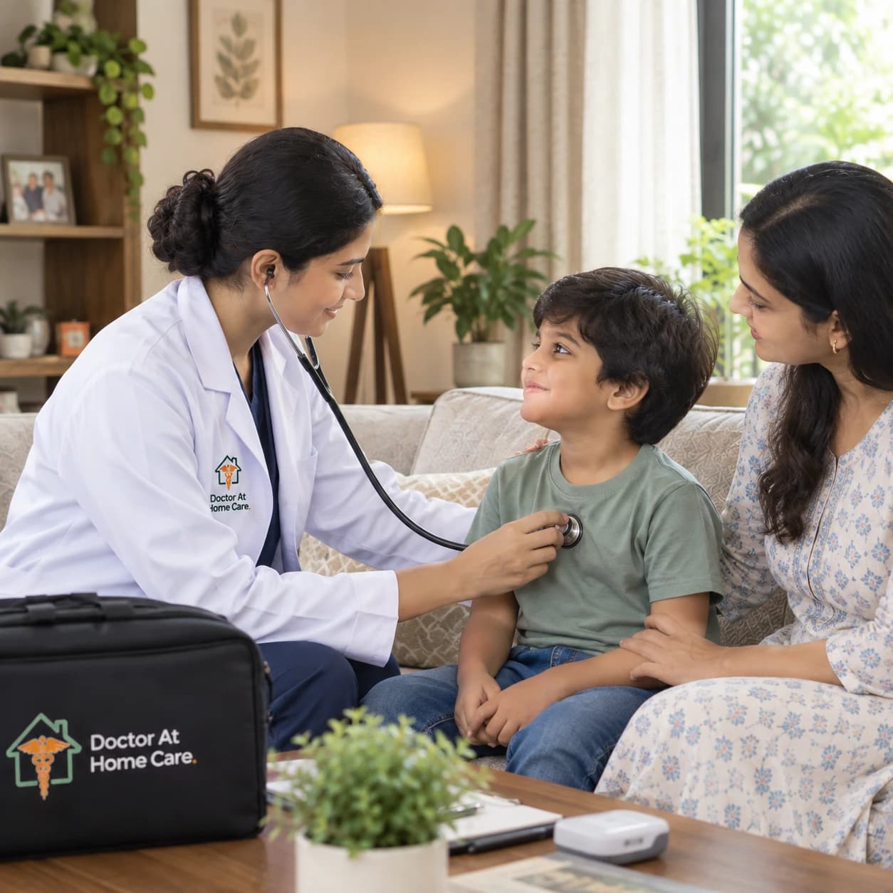 A Doctor At Home Care doctor checking a young boy's chest with a stethoscope at home in Noida, his mother beside him