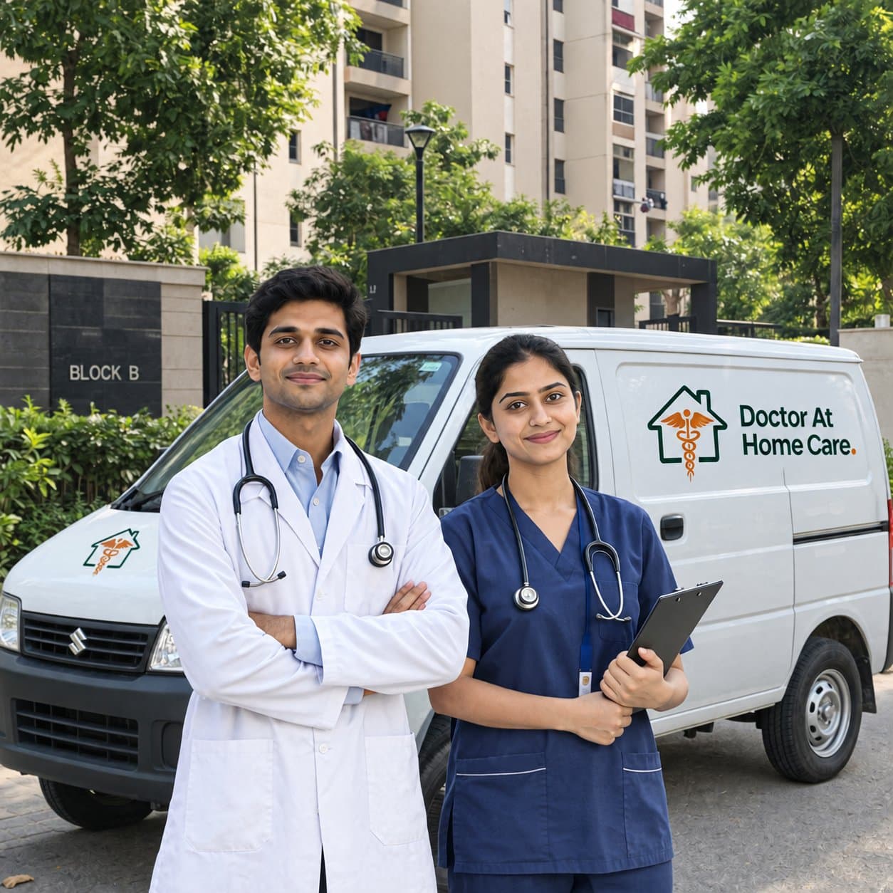 Doctor and nurse from Doctor At Home Care outside a Delhi NCR residential society