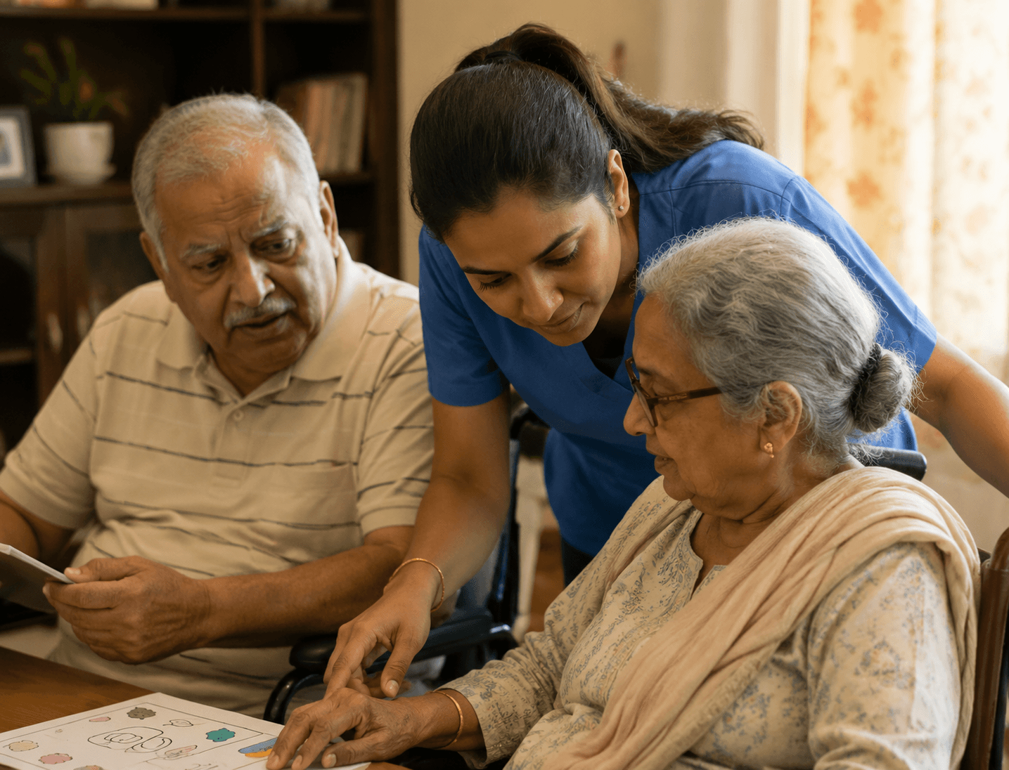 Nurse assisting elderly patient during a home doctor visit in Delhi