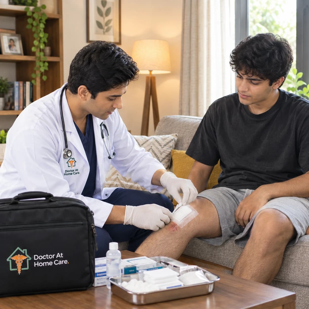 A Doctor At Home Care doctor dressing a knee wound for a young man at home in Faridabad